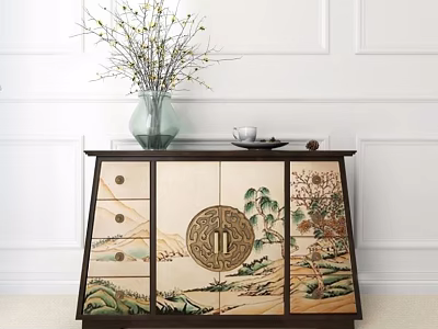 Chinese Style Entryway Console Table With Landscape Painting And Decorative Vase 3d model