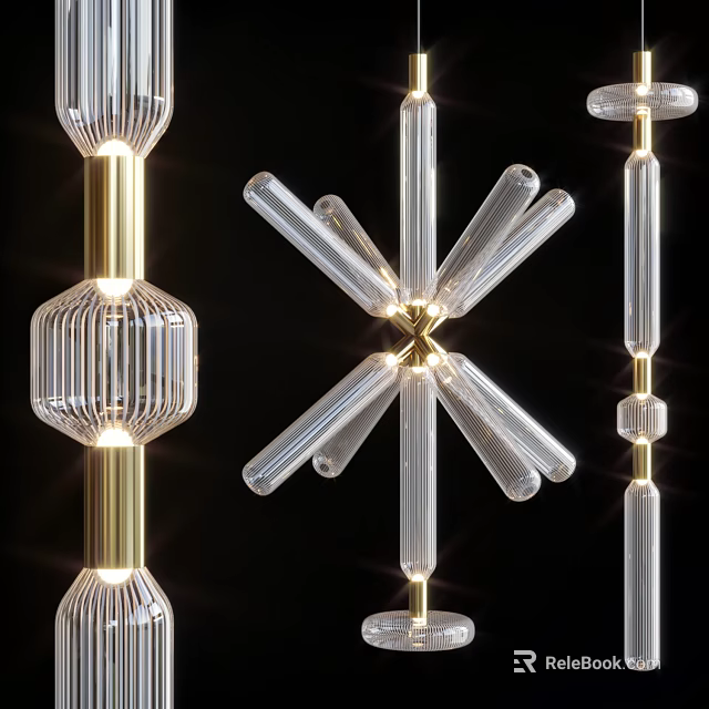 Elegant Modern Crystal Chandelier With Geometric Transparent Glass Rods And Gold Accents 3d model 