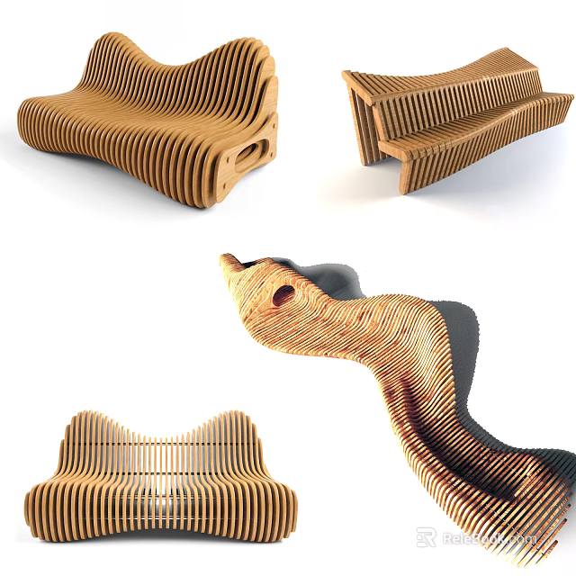 Creative Public Bench Design With Curved Wooden Stripes And Modern Structure 3d model