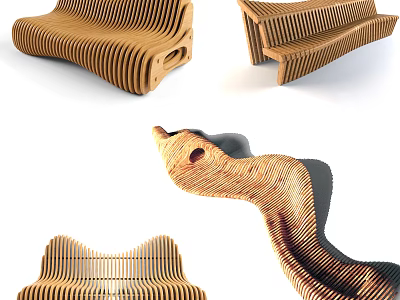 Creative Public Bench Design With Curved Wooden Stripes And Modern Structure 3d model