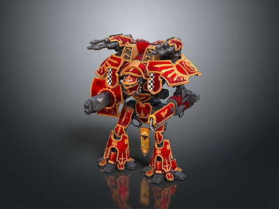 Detailed Red and Yellow Mechanical Robot Warrior with Weapons and Armor in Standing Position 3d model
