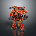 Detailed Red and Yellow Mechanical Robot Warrior with Weapons and Armor in Standing Position