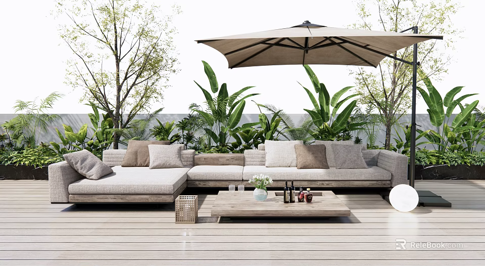 Modern Outdoor Sofa with Umbrella and Green Plants on Cozy Wooden Deck 3d model 