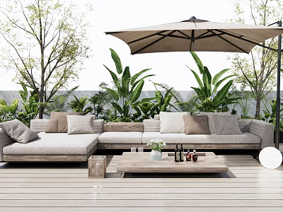 Modern Outdoor Sofa with Umbrella and Green Plants on Cozy Wooden Deck 3d model