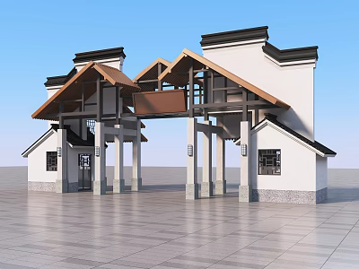 Traditional Chinese Entrance Gate With Symmetric Structure White Walls And Black Roofs 3d model