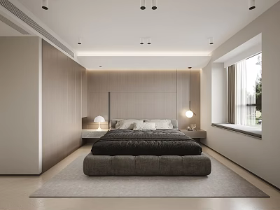 Modern Minimalist Bedroom Interior With King Bed Bedside Lamps Window And Area Rug 3d model
