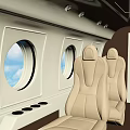 Aircraft Interior With Beige Seats Round Windows And Blue Sky View