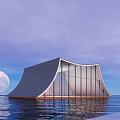 Modern Waterfront Architectural Design With Curved Glass Facade And Reflective Water Surface