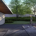 Modern Garden Landscape With Reflecting Pool Fire Pit Lush Greenery And Trees
