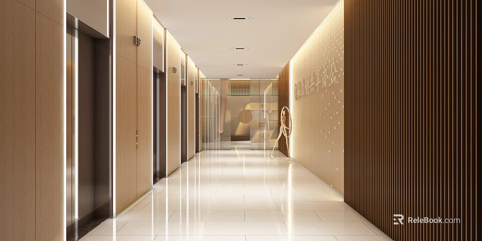 Modern Elevator Hallway Design With Bright Lighting And Wooden Wall Decor 3d model