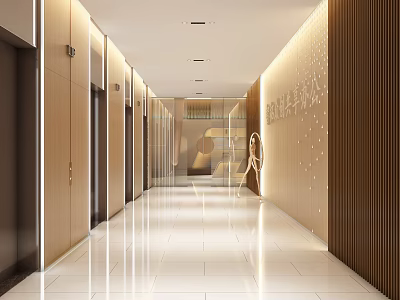 Modern Elevator Hallway Design With Bright Lighting And Wooden Wall Decor 3d model