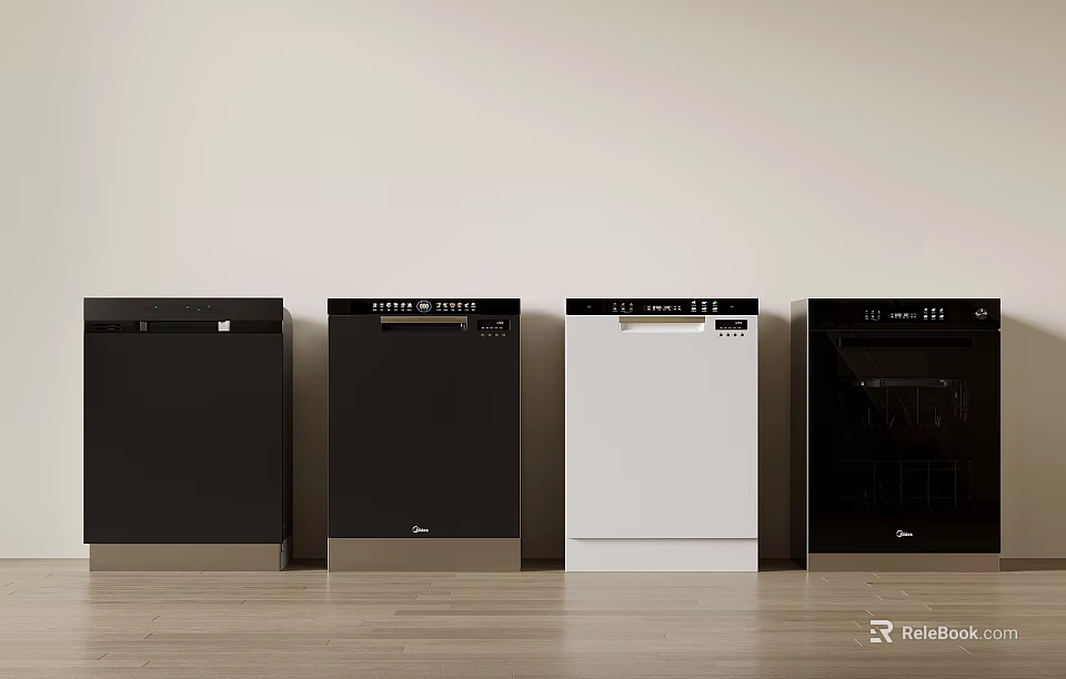 Modern Kitchen With Black And White Built In Appliances Lineup 3d model 
