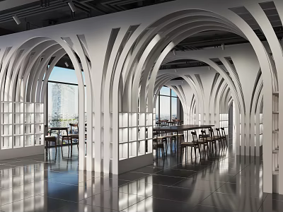 Book Art Themed Modern Reading Space With White Arched Structures Large Windows And Dark Floors 3d model