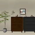 Modern Entryway Side Cabinet in Brown and Black with Potted Plant and Wall Art