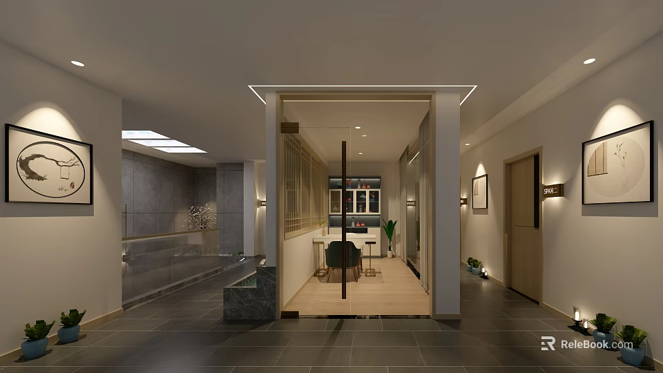 Modern Clubhouse Interior Design With Wooden Flooring Glass Partition And Ambient Lighting 3d model 