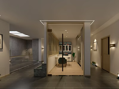 Modern Clubhouse Interior Design With Wooden Flooring Glass Partition And Ambient Lighting 3d model