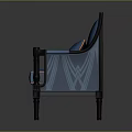 Blue Upholstered Chair With Dark Wood Frame Armrests And Plush Cushion