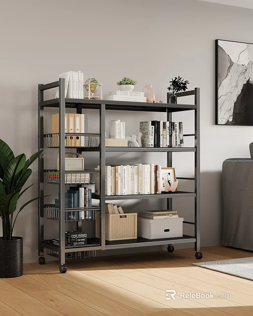 Modern Living Room Interior With Black Metal Bookshelf Books Green Plants Photo Frames Storage Baskets 3d model 