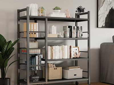 Modern Living Room Interior With Black Metal Bookshelf Books Green Plants Photo Frames Storage Baskets 3d model