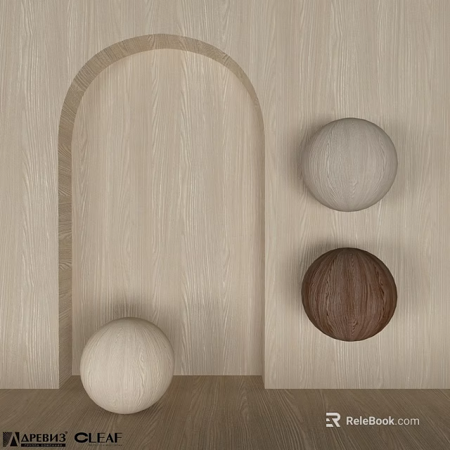 Wooden Components With Arched Doorway And Three Colored Wooden Spheres On Light Wood Grain Background 3d model 