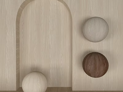 Wooden Components With Arched Doorway And Three Colored Wooden Spheres On Light Wood Grain Background 3d model
