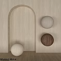 Wooden Components With Arched Doorway And Three Colored Wooden Spheres On Light Wood Grain Background