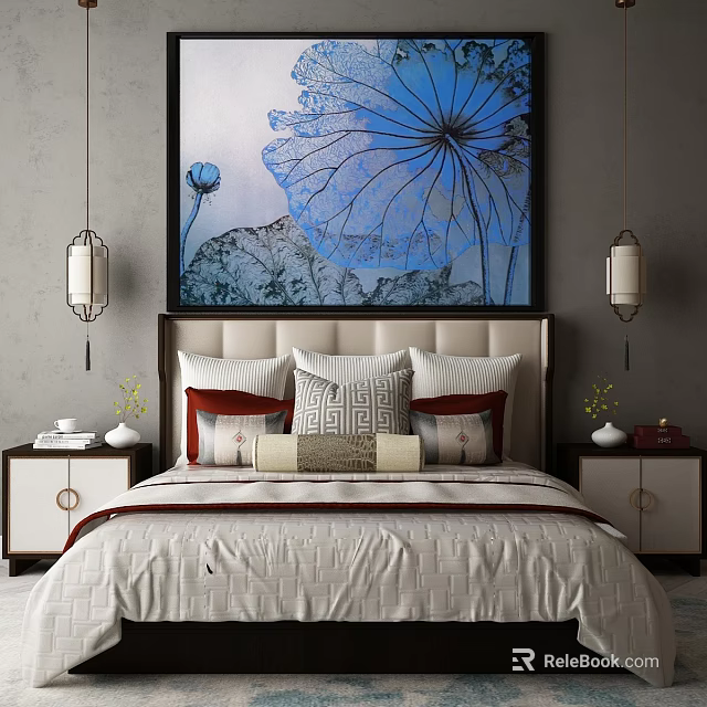 Stylish Double Bed Bedroom Interior With Large Blue Lotus Painting Pendant Lights Nightstands And Pillows 3d model 