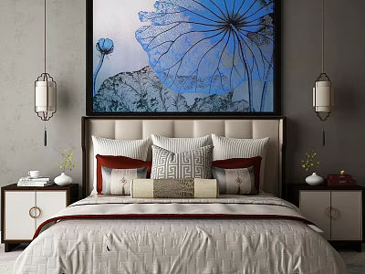 Stylish Double Bed Bedroom Interior With Large Blue Lotus Painting Pendant Lights Nightstands And Pillows 3d model