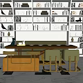 Elegant Modern Restaurant Interior With Bookshelves Long Dining Table Green Chairs And Orange Ottoman