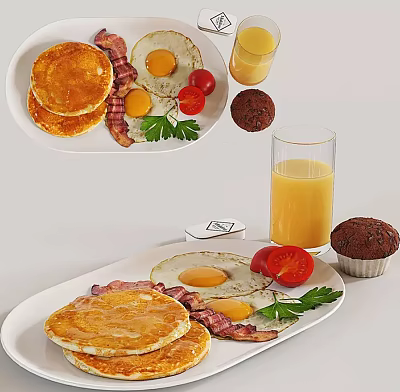 Delicious Breakfast Food Platter With Pancakes Eggs Bacon Tomatoes Muffin And Fresh Orange Juice 3d model