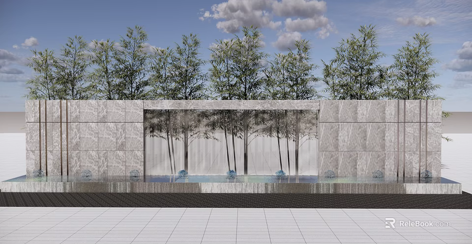 Stone Feature Wall With Transparent Glass Panel And Tree Reflections Surrounded By Green Plants 3d model