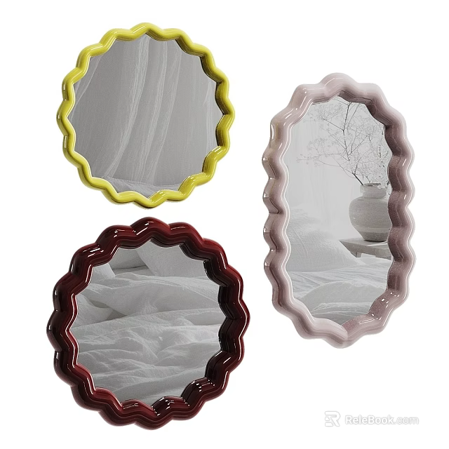 Scalloped Border Mirrors in Yellow Pink Red for Bedroom Decor with Vase and Bed 3d model 