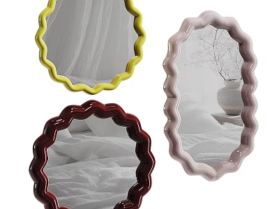 Scalloped Border Mirrors in Yellow Pink Red for Bedroom Decor with Vase and Bed 3d model