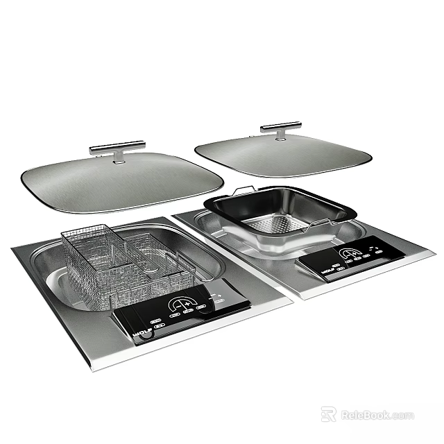 Stainless Steel Kitchen Cookware Set With Two Mesh Baskets Lids And Control Panels 3d model 