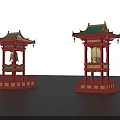Traditional Chinese Lanterns With Red Base Green Roof Ornate Details And Bell Decorations