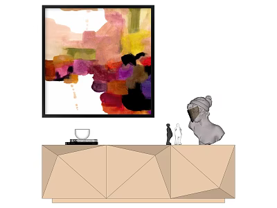 Colorful Abstract Painting Above Beige Geometric Cabinet With White Cup Books And Sculptures 3d model
