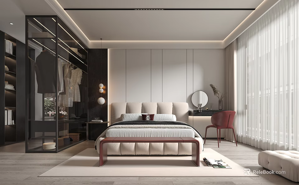 Modern Bedroom Interior Design With Upholstered Bed Red Chair Glass Wardrobe And Large Window 3d model 