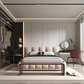 Modern Bedroom Interior Design With Upholstered Bed Red Chair Glass Wardrobe And Large Window