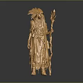 Golden Woman Statue In Ornate Clothing With Feather Headdress Holding Long Staff