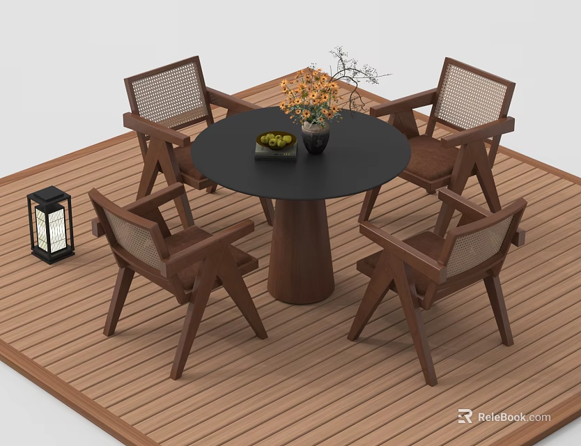 Round Outdoor Table with Four Wooden Mesh Chairs Flower Vase and Plant on Wooden Deck 3d model 