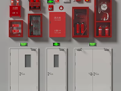 Essential Fire Safety Equipment Including Fire Extinguishers Hydrants Emergency Doors And Exit Lights For Protection 3d model