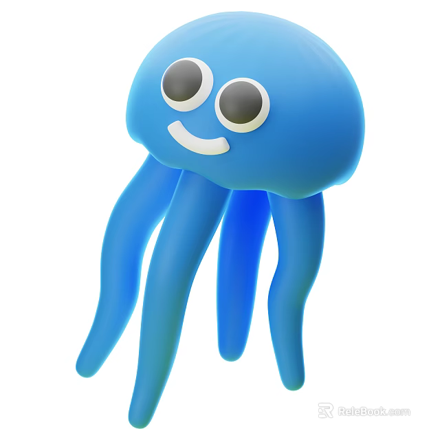 Cute Cartoon Blue Jellyfish with Big Eyes Smiling Face and Long Tentacles 3d model 