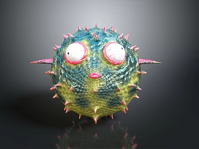 Fantasy Spiked Green Spherical Creature With Large Eyes Red Lips And Side Protrusions 3d model