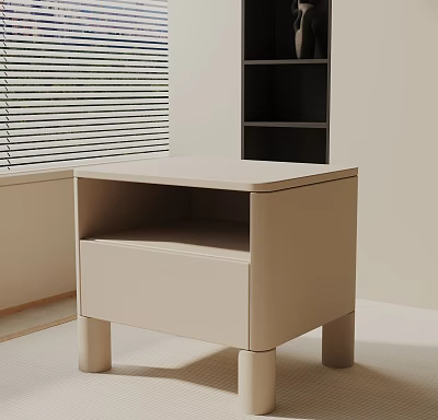 Minimalist Beige Nightstand With Drawer In Bedroom Featuring Window Blinds And Black Bookshelf 3d model