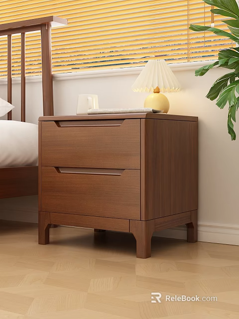 Wooden Bedside Table With Two Drawers Table Lamp Notebook And Green Plant In Bedroom 3d model 