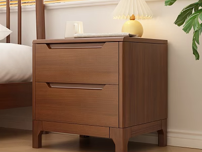 Wooden Bedside Table With Two Drawers Table Lamp Notebook And Green Plant In Bedroom 3d model