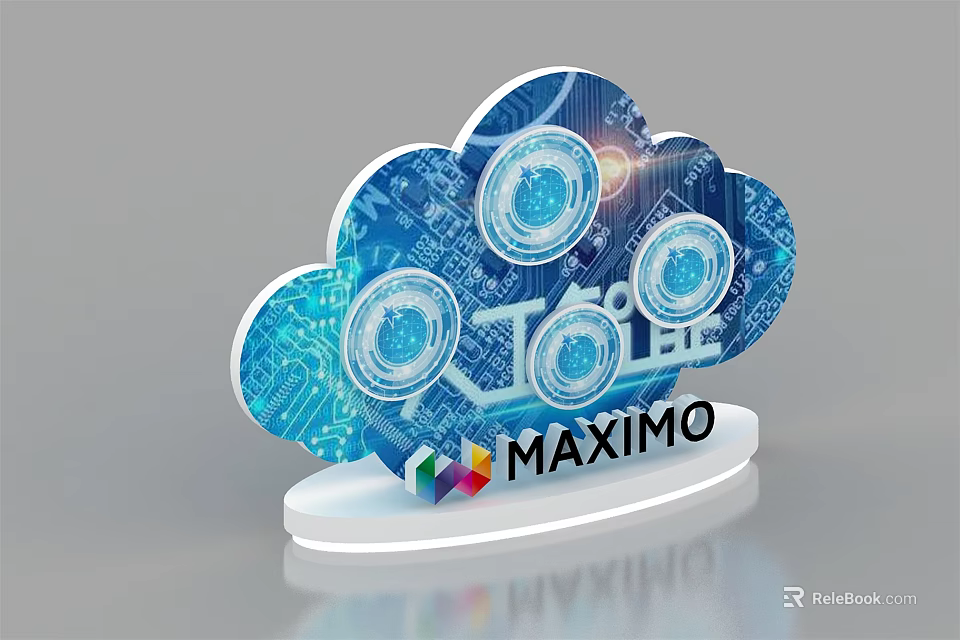 Cloud Shaped Display Shelf with Blue Tech Inspired Circular Patterns and MAXIMO Logo 3d model