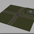 Crossroad Intersection Green Grass Circular Area With Monument And Small Figure