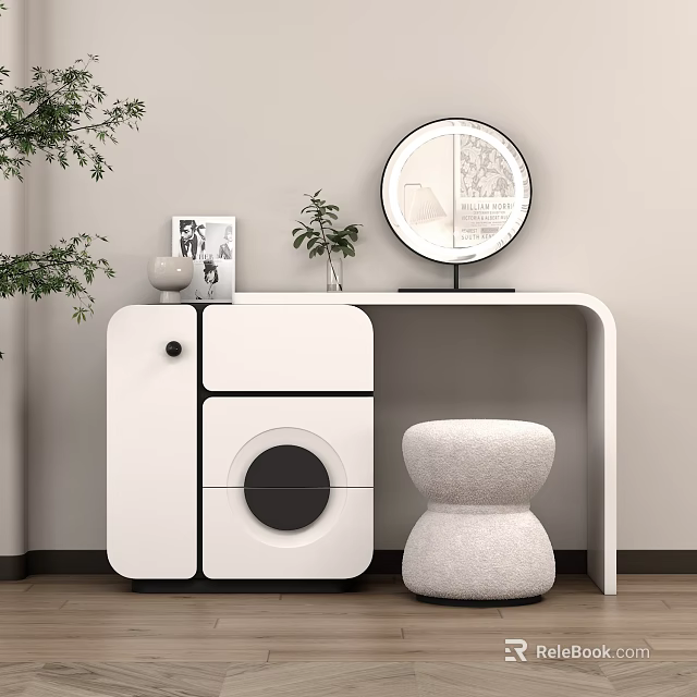 Modern White Dressing Table With Round Mirror Stool And Decorative Plants 3d model
