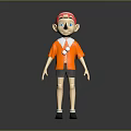 Cartoon Style Doll With Red Hat Blue Eyes Orange Shirt And Dark Shorts